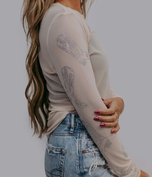 Rhinestone Cowgirl Mesh Top