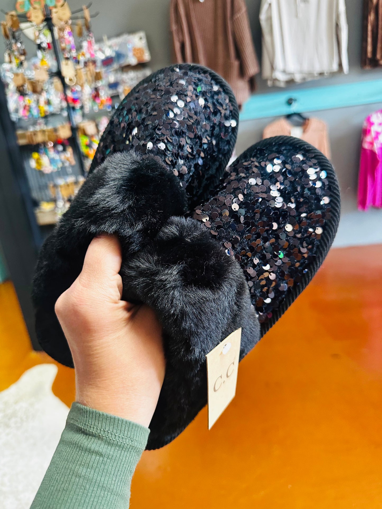 C.C. Black Sequin Slippers