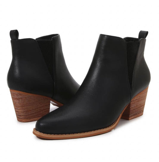 Wooden Heel Black Ankle Boots